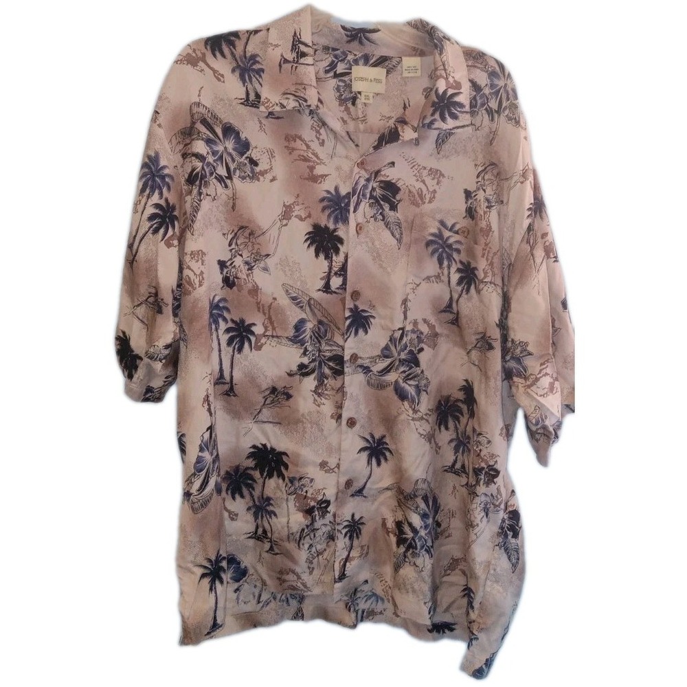 Joseph & Feiss Hawaiian Shirt Size 2X 100% SILK Tropical Leaves XXL Navy & Beige
